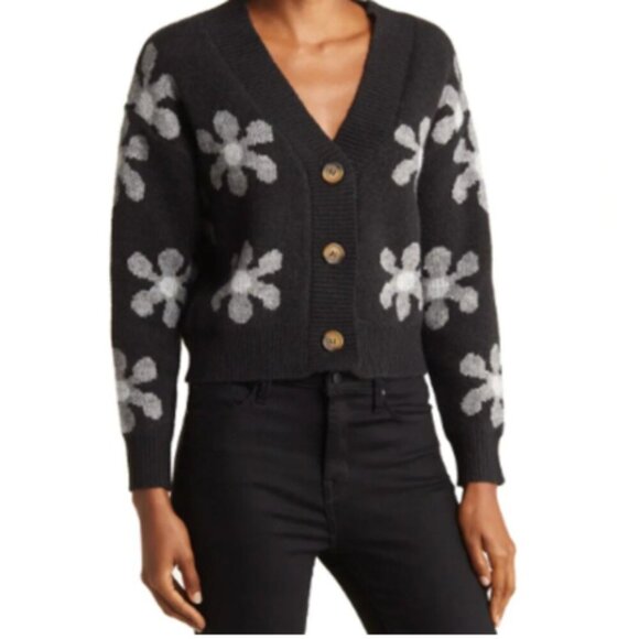 T Tahari | Black Daisy Jacquard Crop Cardigan Size Medium - Picture 1 of 7